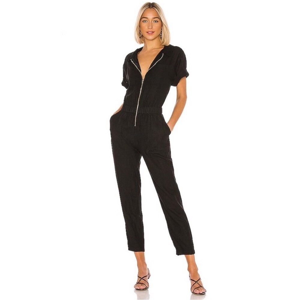 ENZA COSTA Jumpsuit Womens M Black Linen Short Sleeve Coverall Zip Front Collar